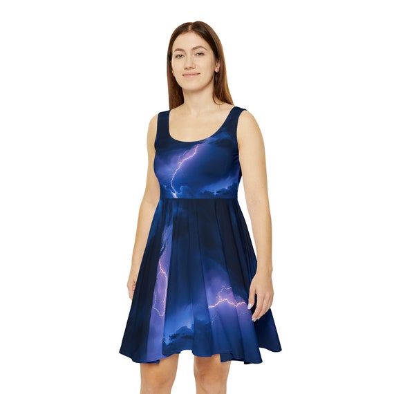 Summer Storm - Thunder Cloud AOP Dress - All Over Print Skate Dress - Women's Skater Dress - AOP - Lightning Bolt Pattern