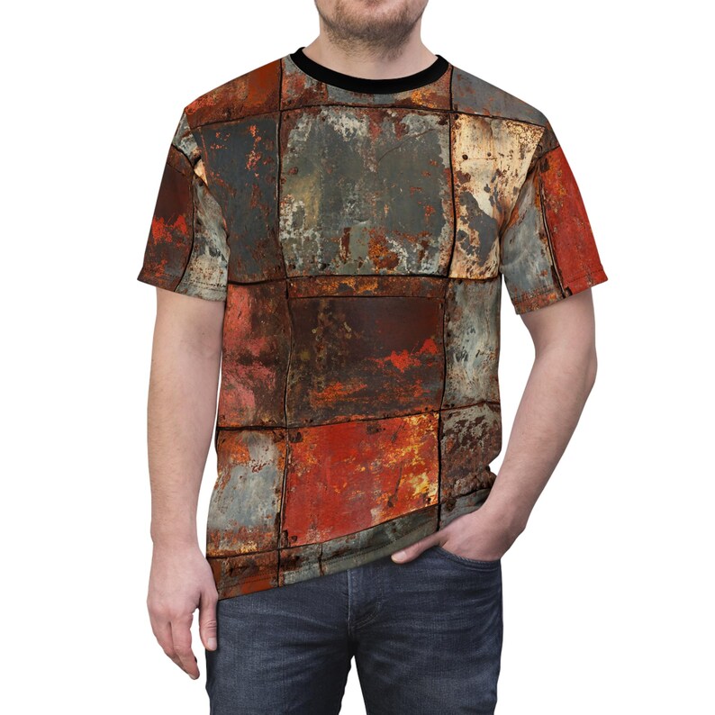Metal AF - Rusty Scrap Steel Plate Armor Pattern Unisex Tee, All Over Print Shirt, Unique Casual Wear, Heavy Metal Tee image 6