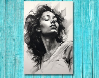 Beautiful Woman - Mixed Media Sketch Portrait - Charcoal, markers, watercolor - Black, White, Grey - Wall Art Printed on Canvas