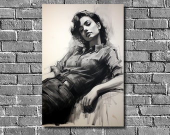 Invitation - Sketch Portrait - Reclining Woman - Charcoal, markers, watercolor - Monochrome Wall Art Printed on Canvas