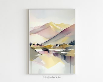 Mountain Lake Landscape, Minimalist Watercolor, Soft Pink and Yellow Printable Art, Modern Decor, Instant Download, Wall Art, Digital Print