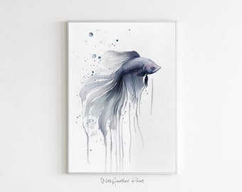 Betta Fish Art, Minimalist Watercolor, Abstract Aquatic Print, Digital Download, Fish Illustration, Ocean Printable Art, Wall Decor