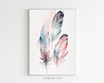 Feather Art, Minimalist Watercolor, Blue Pink Feather Print, Digital Download, Printable, Feather Wall Decor, Boho Decor, Modern Art Print