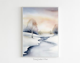 Winter Landscape Art, Minimalist Watercolor, Snowy Scene Print, Snowy Landscape, Digital Download, Printable Art, White Winter Illustration