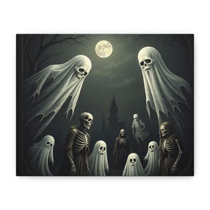Spooky Ghosts Canvas Wall Art, Halloween Decor, Haunted House Artwork, Gothic Home Decor, Eerie Skeleton Prints, Creepy Art