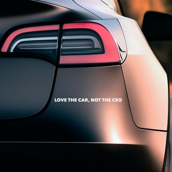 2 Vinyl-Decals for Tesla cars "Love the car, not the CEO" small version