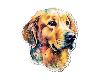 Peut inclure: Une peinture à l'aquarelle d'un chien golden retriever avec un pelage brun clair et une poitrine blanche. La fourrure du chien est peinte avec des éclaboussures de couleur, créant un effet vibrant et coloré.