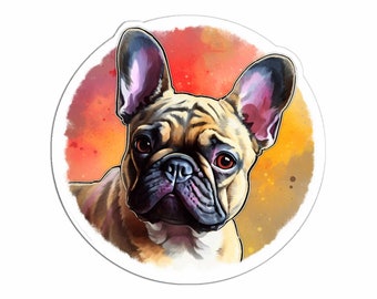 Op de afbeelding: Een close-up portret van een Franse Bulldog met bruin, zwart en wit haar. De hond heeft een serieuze uitdrukking en kijkt rechtstreeks naar de kijker. De achtergrond is een aquarel-achtige schildering in oranje, geel en bruin.