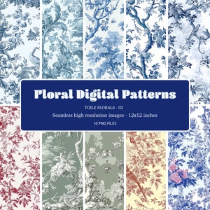 Patrones con motivos florales inspirados en el toile francés. Mejore sus proyectos al instante con documentos digitales en formato PNG y descarga instantánea.