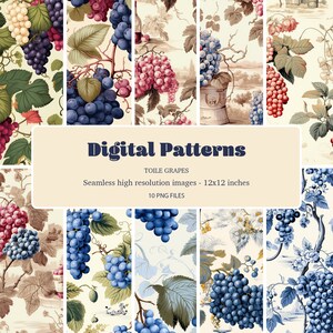 Puede incluir: Diez patrones digitales con un diseño de uva toile. Los patrones son sin costuras y de alta resolución, midiendo 30,5x30,5 cm. Los patrones son de estilo vintage con uvas azules y rosas sobre un fondo crema.