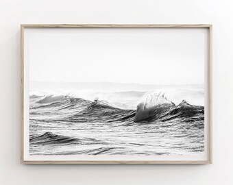 Black and White Ocean Wave Print – Minimalist Coastal Photography (Digital Download)
