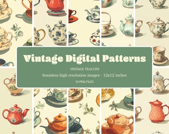 Könnte beinhalten: Ein Set mit 10 digitalen Mustern mit Vintage-Teetassen und Teekannen in verschiedenen Farben und Designs. Die Muster sind nahtlos und in hoher Auflösung, mit einer Größe von 12x12 Zoll.