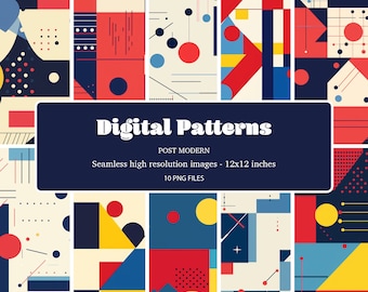 Könnte beinhalten: Zehn digitale Muster im geometrischen Stil mit den Farben Rot, Blau, Gelb und Schwarz. Die Muster sind nahtlos und in hoher Auflösung, mit einer Größe von 12x12 Zoll. Die Muster sind mit "Digital Patterns" und "Post Modern" beschriftet.