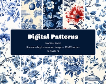 May include: A set of 10 digital patterns featuring blue and white floral designs with a modern toile aesthetic. The patterns are seamless and high resolution, measuring 12x12 inches.  The patterns are perfect for creating fabric, wallpaper, and other decorative projects.
