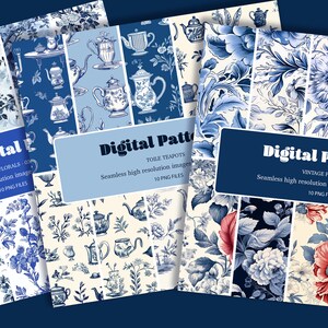 3er-Pack - 30 Vintage Blumen-Toile-Muster: Verbessern Sie Designs mit klassischen Teekannen und französischen Blumenmotiven. Sofort Download im PNG Format.