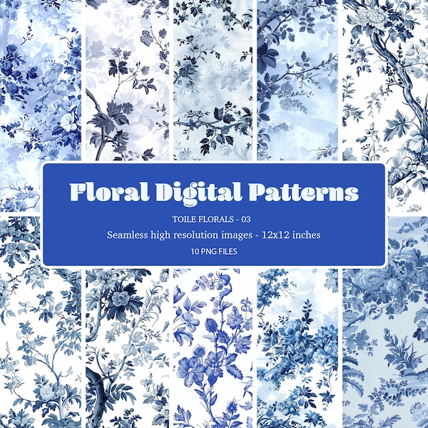 French toile-inspired blue floral motif patterns. Elevate projects instantly with PNG format digital papers and instant download.