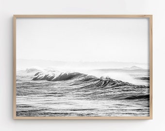 Black and White Ocean Wave Print - Minimalist Coastal Art (Digital Download)