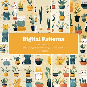 Lustige illustrierte inspirierte Katzen und Blumen Muster, elevate Projekte sofort mit digitalen Papieren im PNG-Format und sofortigem Download.