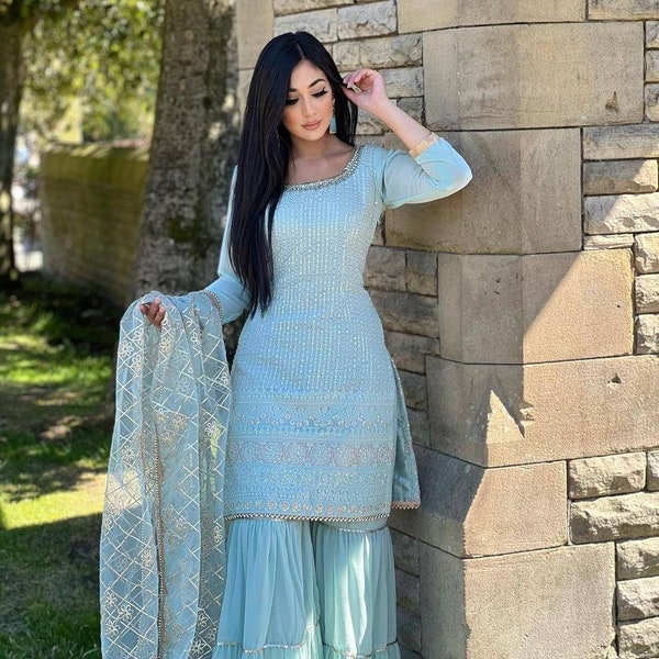 Readymade Designer Pakistani Blue Sharara Set con Duppatta 3 pezzi Abito punjabi Salwar Kameez ricamato per donna abito gharara per donna