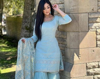 Readymade Designer Pakistani Blue Sharara Set met Duppatta 3 pc Geborduurd Salwar Kameez punjabi pak voor vrouwen gharara pak voor vrouwen