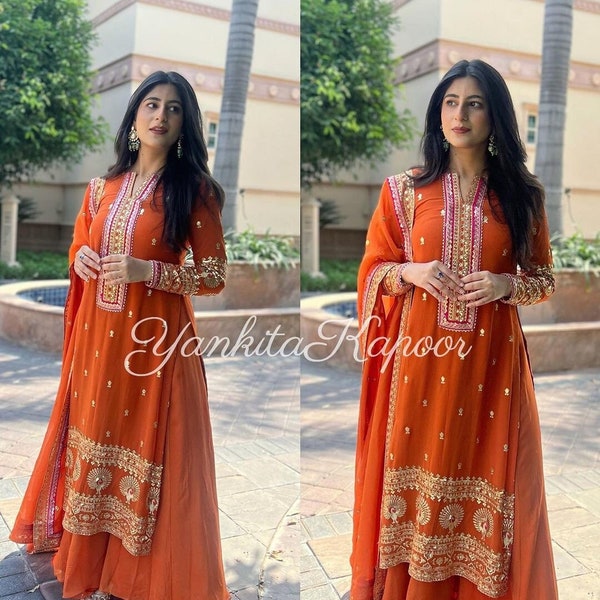 Premium Wedding Ethnic Wear Orange Kurta Sharara set, Fully Heavy Work Embroidered Salwar Kameez Readymade, Eid Special dress