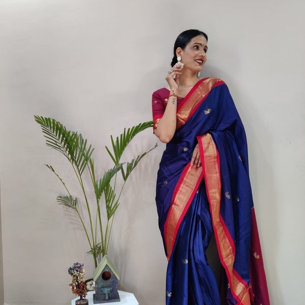 Elegant Blue Ready To Wear Cotton Silk Paithani Saree Pre Stitch PreDrape Wrap in One Minute with Blouse ready to wear saree USA Etsy sari