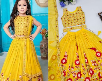 Haldi Special Yellow Kids Lehenga Choli, Indian Kids Lehenga for Girls, Floral Embroidered Kids Dress, Baby girl lengha Festival Wear Dress
