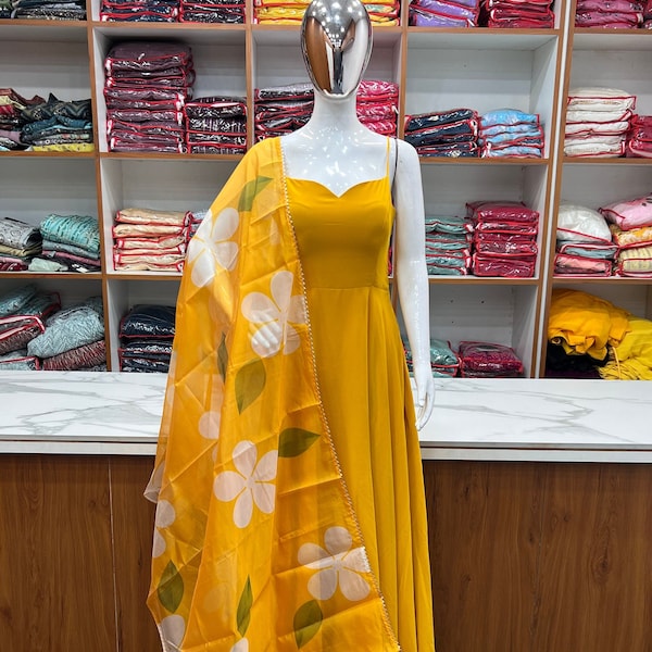 Yellow Haldi Special Gown with Dupatta set for women georgette bridesmaid dress long flared Gown Suit Readymade wedding wear yellow anarkali