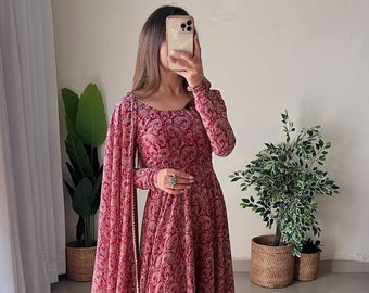 Kalamkari Anarkali Dress for women, Full Flared anarkali with pant dupatta set, Full Stitched Ready made salwar suit, indian wedding gown