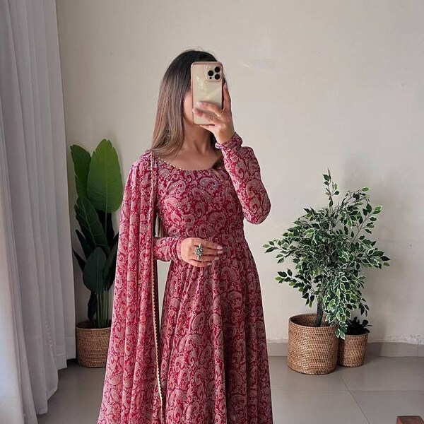 Kalamkari Anarkali Dress for women, Full Flared anarkali with pant dupatta set, Full Stitched Ready made salwar suit, indian wedding gown