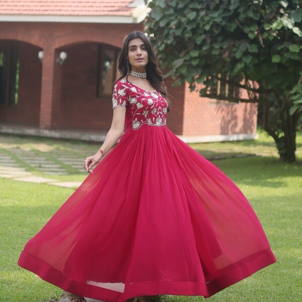 Embroidery Red Anarkali Gown, Indian wedding Wear Gown, Long Flared gown Fully Stitched dress, anarkali dress indian traditional Wear outfit
