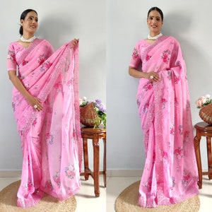 latest Festival Wear Ready to wear saree, Traditional Designer Floral Print saree blouse,  easy to wear saree Party Wear