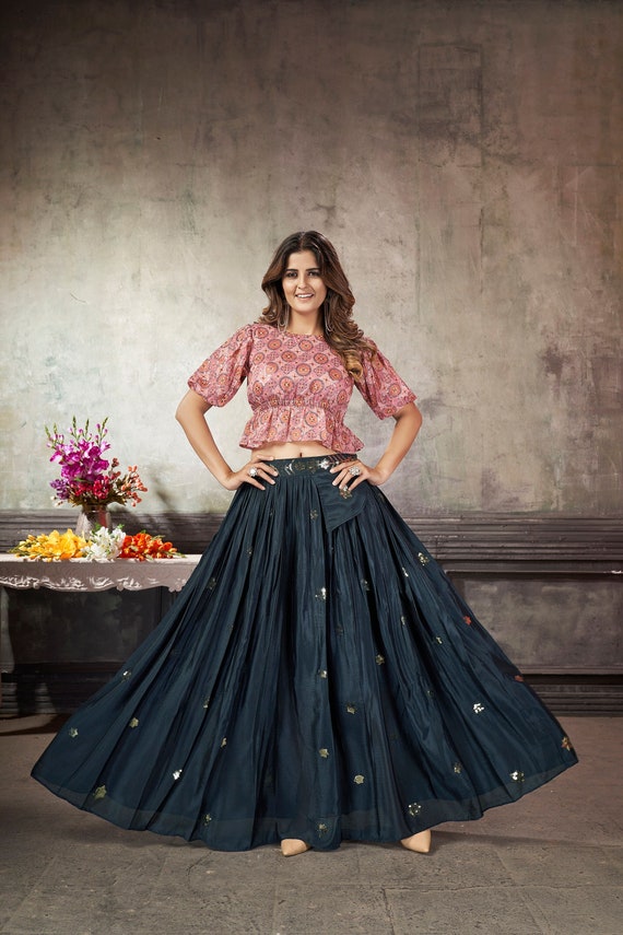 Women's Blue Fifty-Kali Golden Border Skirt | Lehenga for Choli | Rang –  Mera Rang