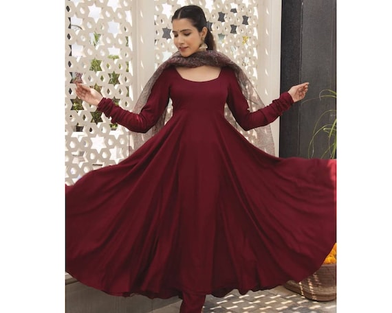 Party Wear Wine Color Plain Long Gown With Dupatta – subhvastra