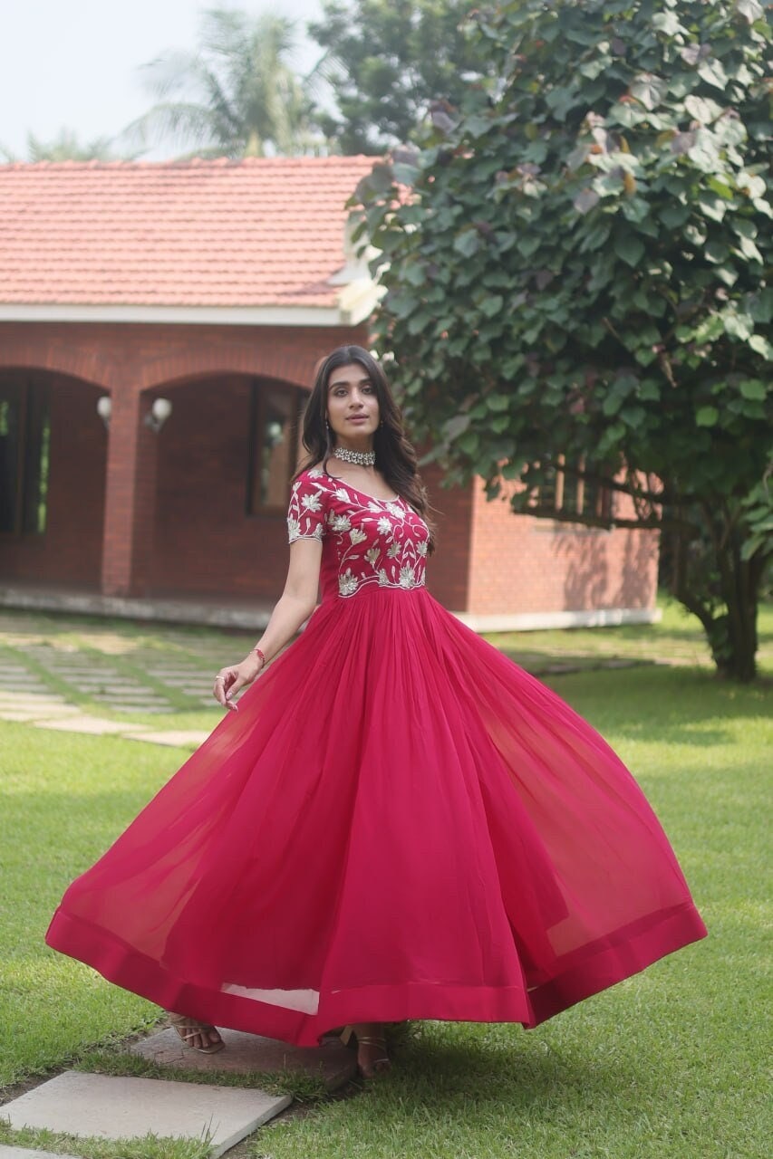 Red Digital Printed And Embroidered Long Gown | Latest Kurti Designs