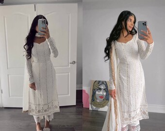 White Salwar Kameez suit, Indian Salwar suit for women, Pakistani salwar kameez, straight kurti salwar, georgette indian wedding dress