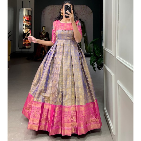 New Designer Kanjivaram Anarkali Gown, Indian Traditional Wear Gown, Readymade Gown, indian Wedding Dress South indian dress, Festival wear