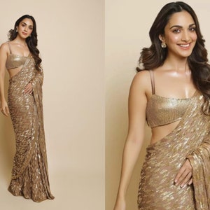 Celebrity wear Gold Heavy Sequins saree Georgette saree Shimmer Party wear saree Wedding Wear Function Wear Stylish saree Bollywood saree