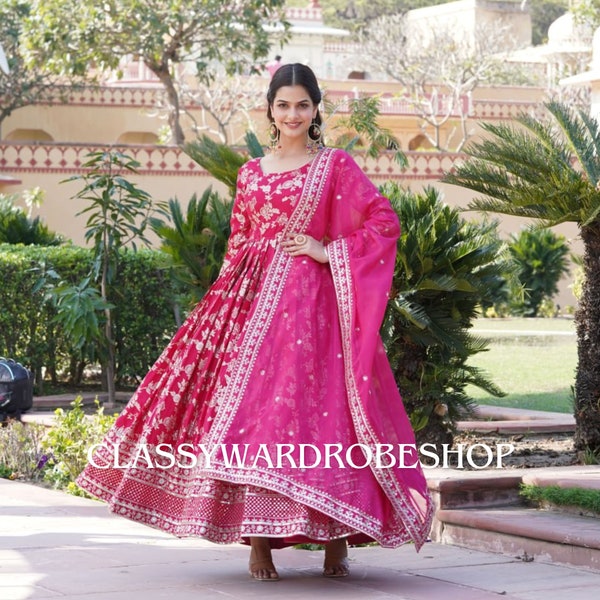 Sequenza rosa Abito Anarkali, abito da ricamo, abito da sposa indiano salwar kameez, anarkali Kurti con set dupatta Set abito Jacquard