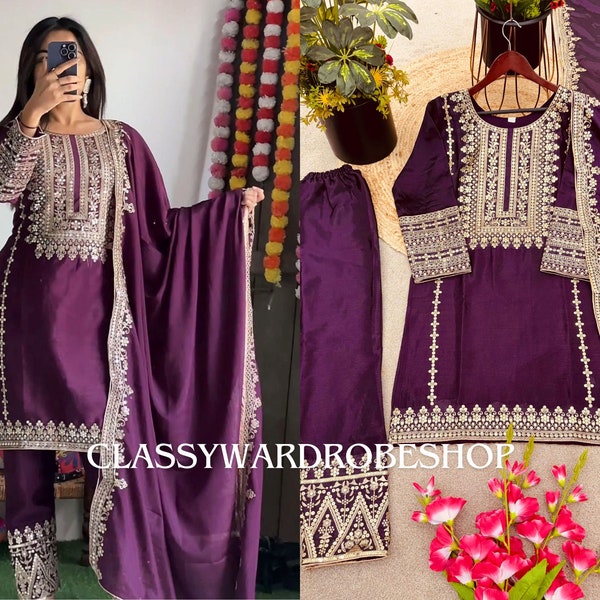 Designer Wine Color Salwar Kameez, Georgette Salwar suit, Anarkali Kurti, Indian Wedding Suit, Kurti Pant dupatta set, embroidery suit