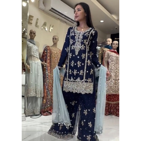 Navy Blue Punjabi Sharara Suit Embroidery Salwar Designer salwar kameez Wedding sharara set punjabi wedding suit heavy georgette sharara