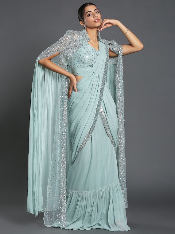 Designer Green Sequins Ruffle Saree, Indian Wedding Party Wear Reception  Wear Saree, Readymade Stitched Blouse Saree -  Canada