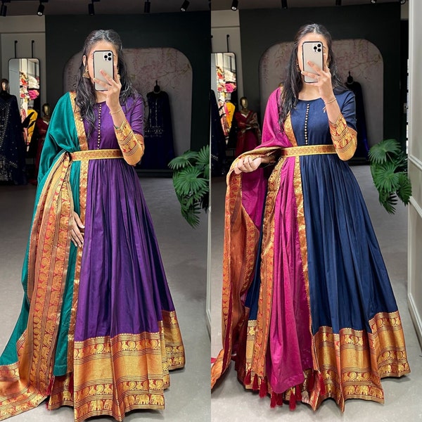 Trendy Festival Wear Narayanpet Gown, Indian Wedding dress Pure Cotton narayanpet Anarkali Gown, Full Flared long gown, anarkali dress USA