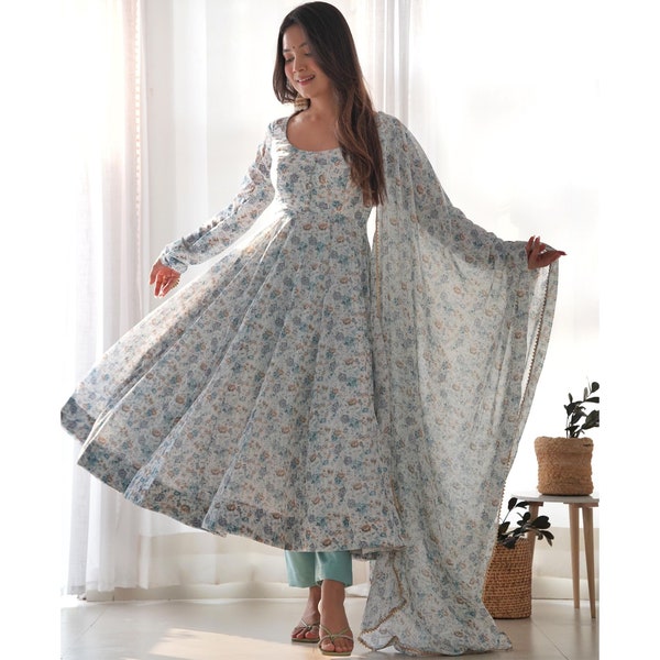 Floral Anarkali Dress for women, Full Flared anarkali with pant dupatta set, Full Stitched Ready made salwar suit, indian wedding gown