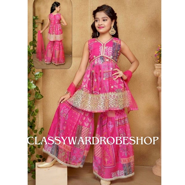 Designer Pink Sharara Set for kids, indian Wedding dress for girls, Kids Top sarara suit Fully Stitched baby dress, Wedding kids dress