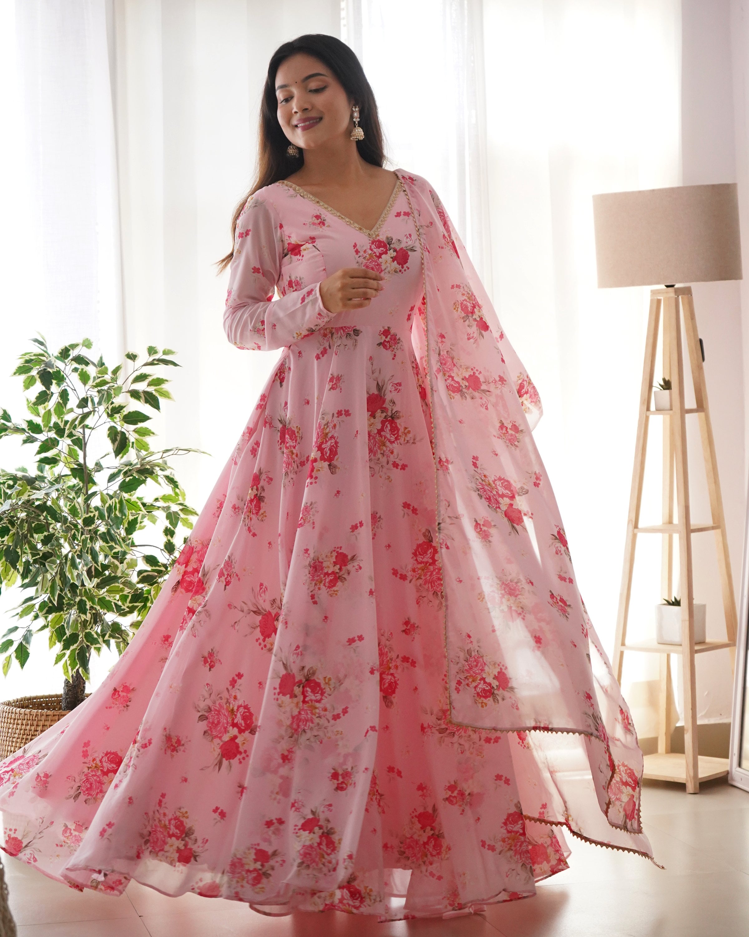 Wedding Festive Gown - Multicolor Pink Floral Printed Anarkali Gown –  Empress Clothing