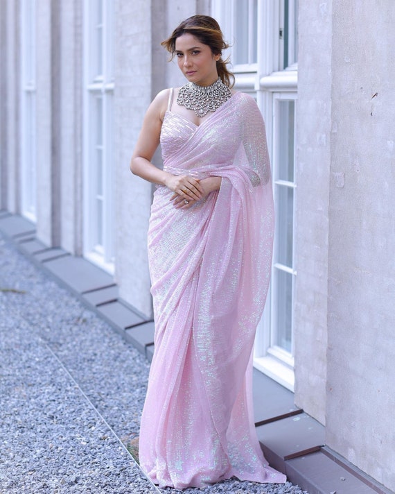 Ready to Wear Stunning Baby Pink Saree Faux Georgette Pre