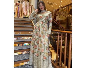 White Floral anarkali gown, Indian wedding dress, Salwar kameez suit three piece salwar suit indian long gown suit wedding gown with dupatta