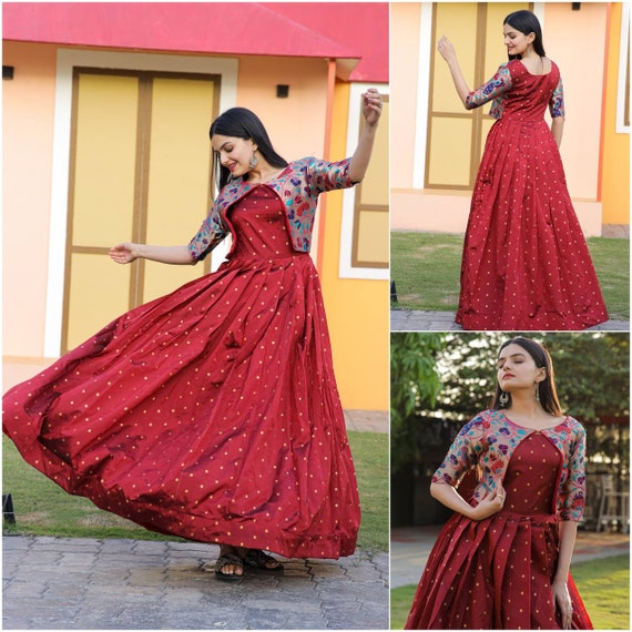 Red Color Bandhani printed pure gaji silk kaftan gown | Laxmi Style
