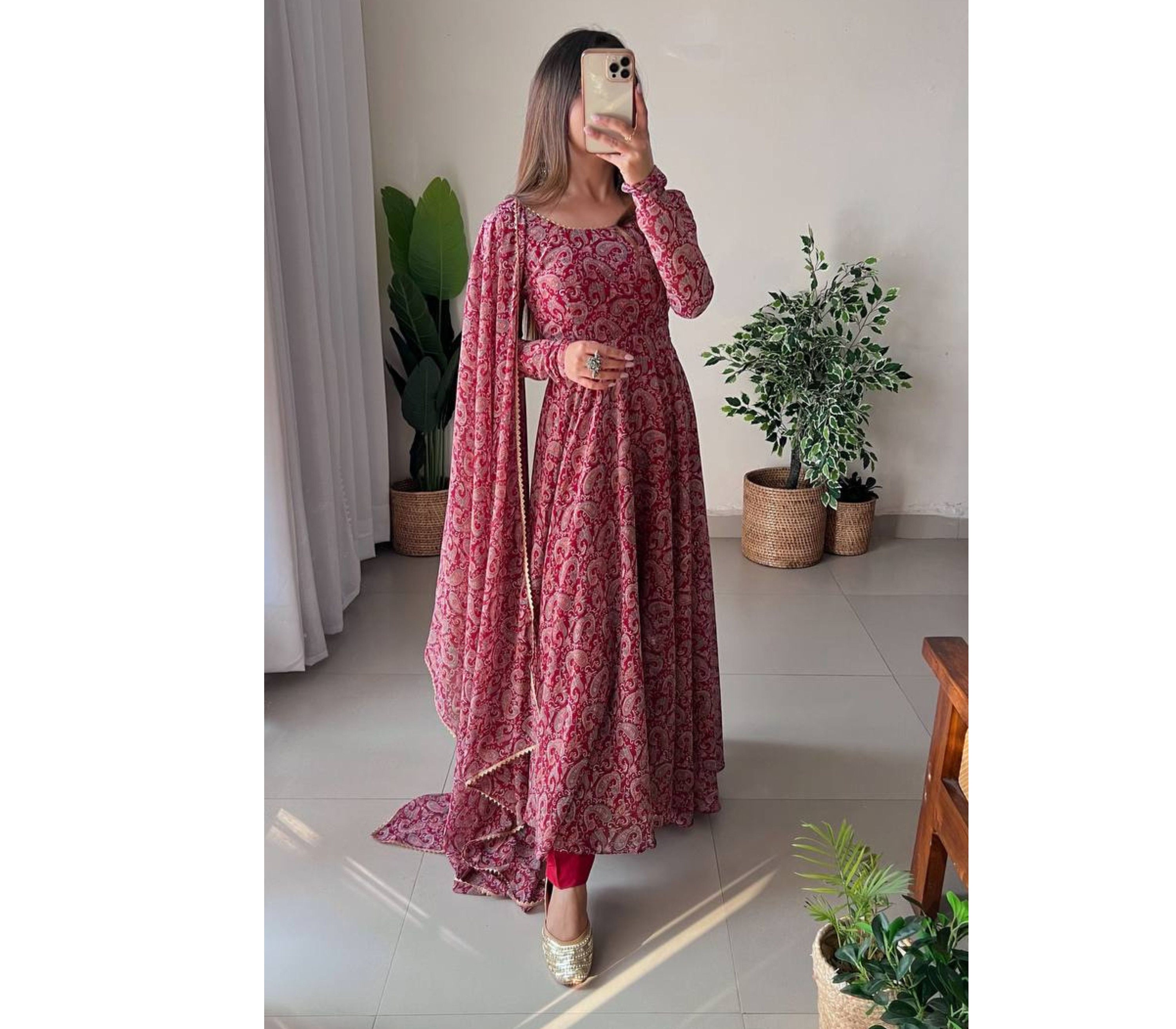 Buy Vinya Peach Silk Kalamkari Fit and Flare Dress (Set of 3) online